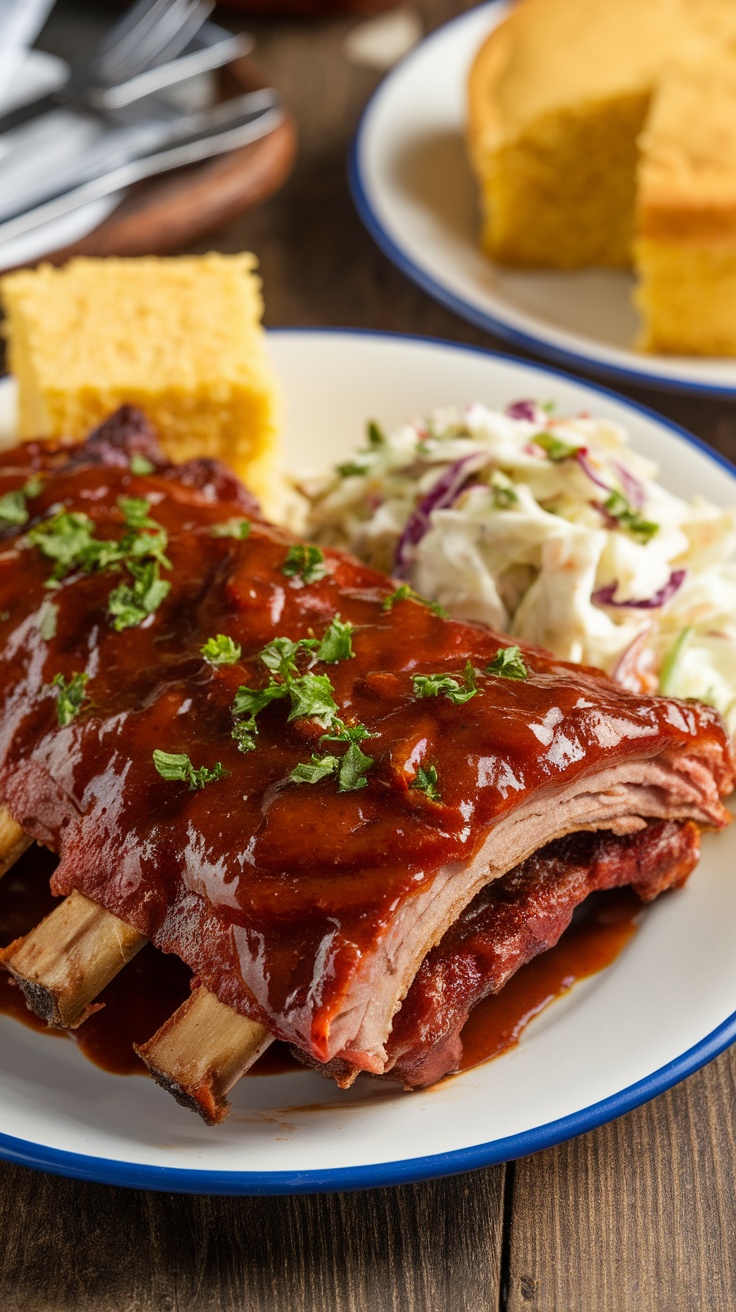 Tender slow-cooked barbecue ribs glazed with sauce, served with coleslaw and cornbread on a rustic table.